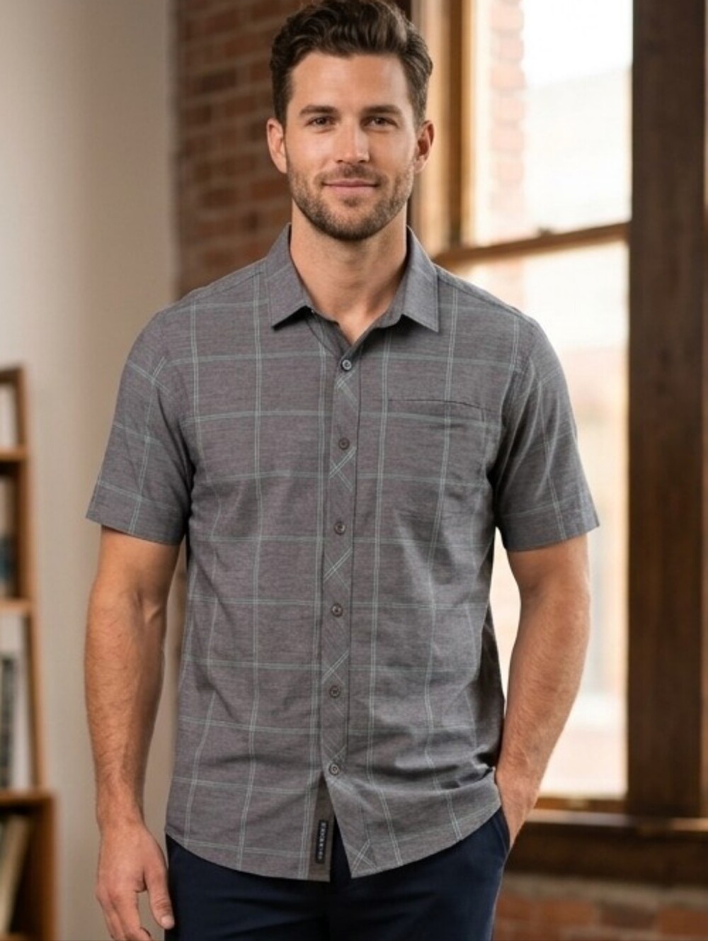 Travis Mathew Men's Gray Plaid Short Sleeve Casual Button-Up Shirt Size Large